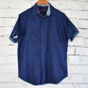 Robert Graham Jacquard Navy / Blue Paisley Short Sleeve Button Up Shirt S